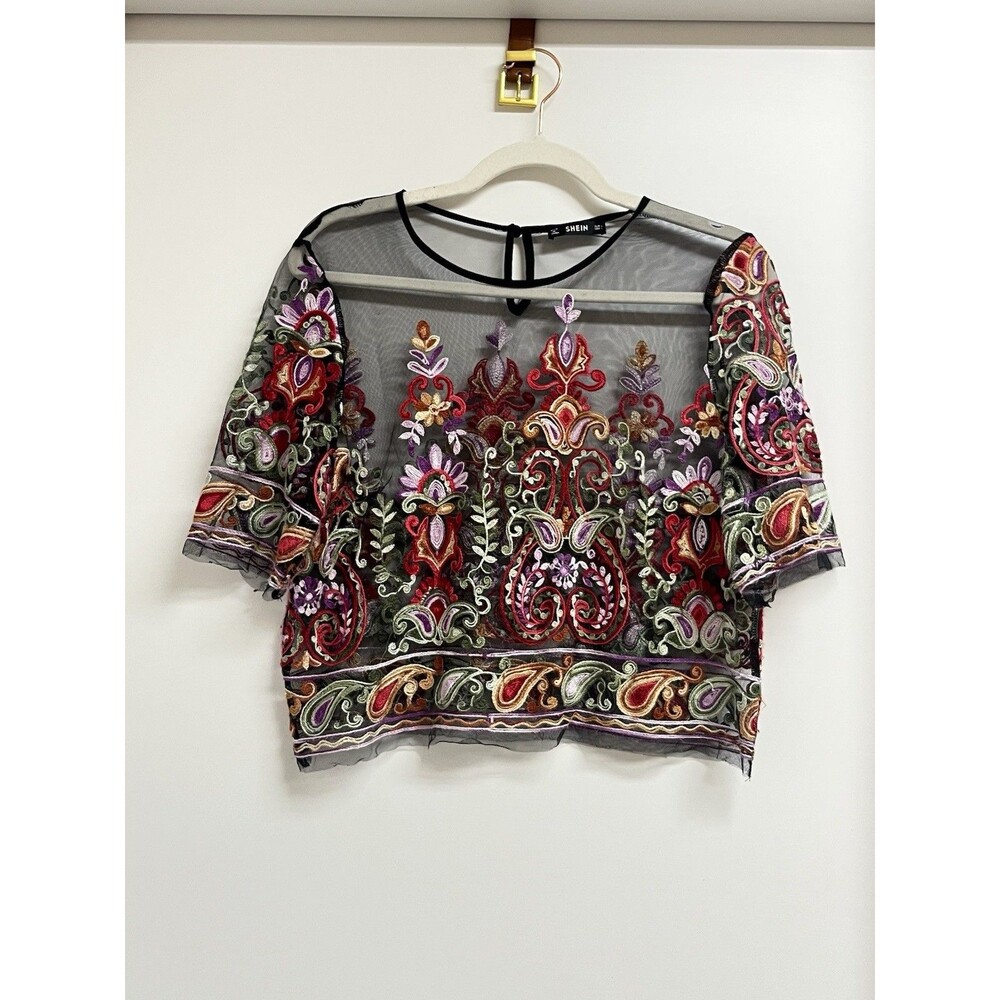 Sheer Black Mesh Blouse Womens Embroidered Paisley Boho Crop Delicate